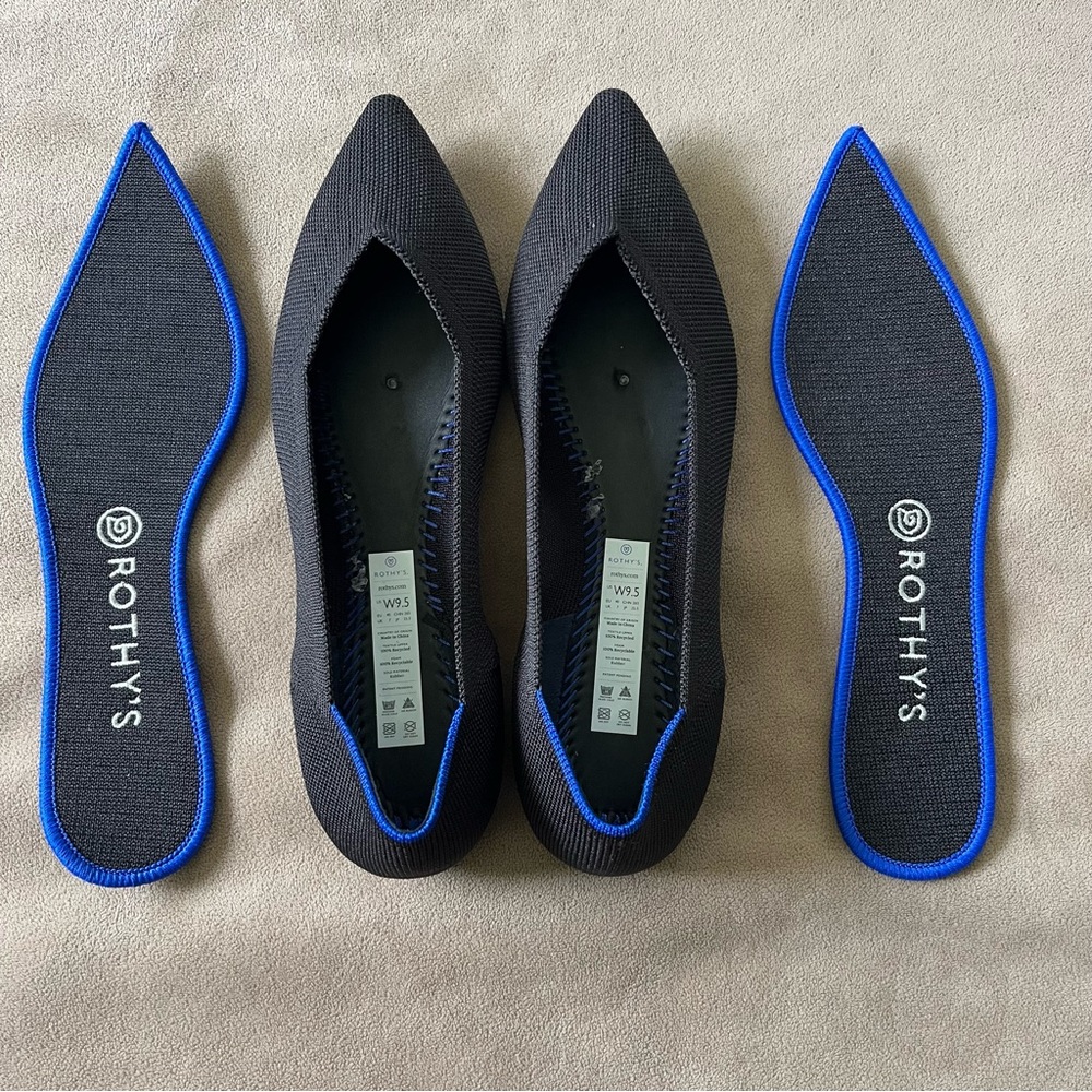 Rothy's Black Pointed Toe Flats with Blue Trim - Picture 4 of 10